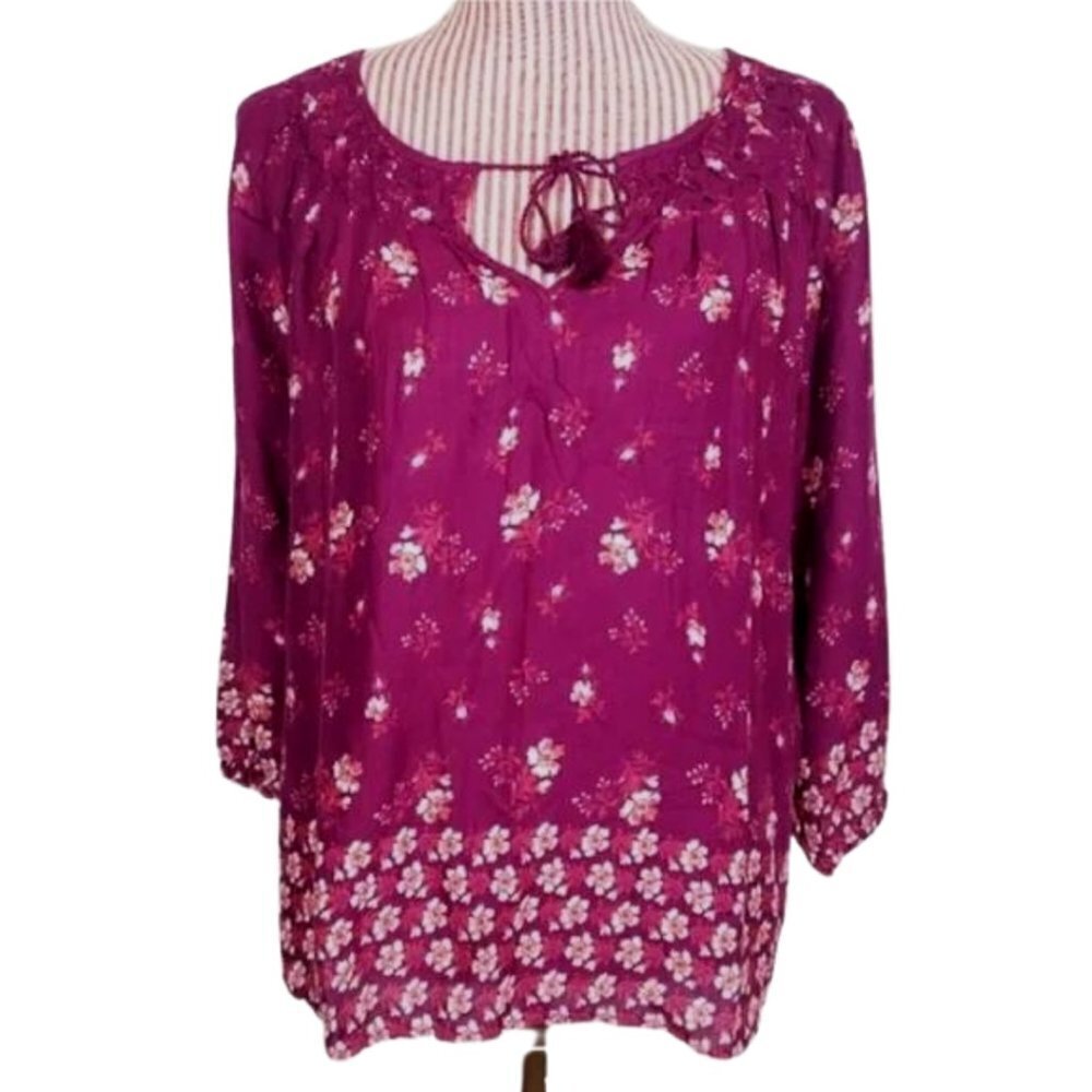 Lucky Brand Burgundy Floral Boho Tie Neck Tunic Blouse XS NWT